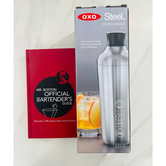 OXO Steel Cocktail Shaker and MR. BOSTON OFFICIAL BARTENDER’s GUIDE Book - Picture 1 of 6
